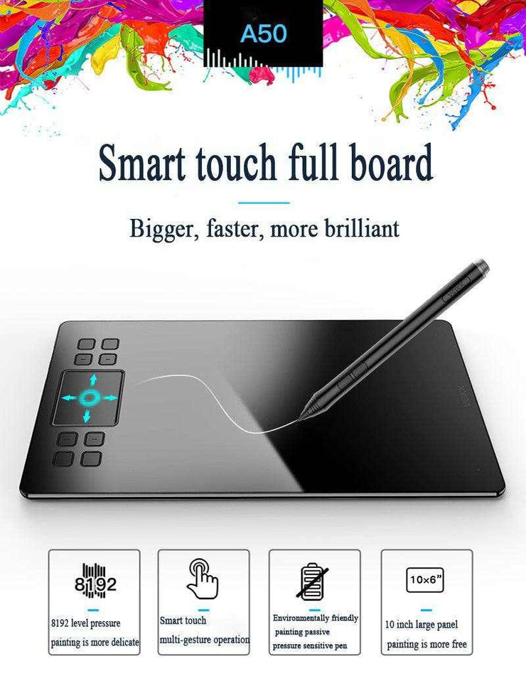 Smart touch electronic drawing board with pressure-sensitive pen on 10-inch panel.