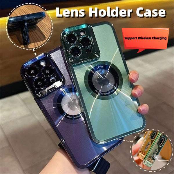 Electroplated phone case with CD pattern, Magsafe compatibility, and lens holder for iPhone models.