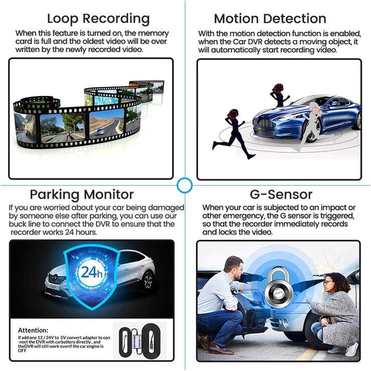 1080P high-definition driving recorder features loop recording, motion detection, parking monitor, and G-sensor.