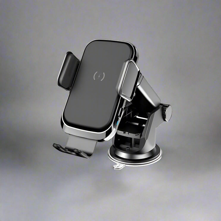 Car wireless charger with adjustable mount and suction cup base.