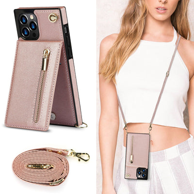 Zipper Phone Case Crossbody in rose gold, compatible with Samsung models, featuring PU material and back cover style.