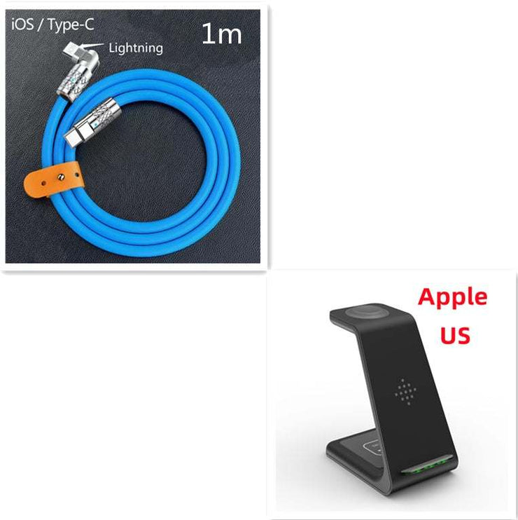 3 in 1 fast charging station with wireless charger stand and iOS/Type-C cable.