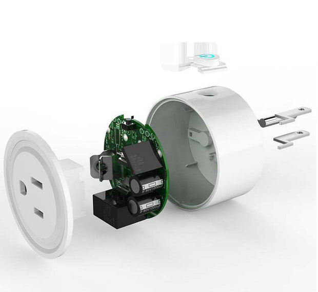 Exploded view of a white WIFI Smart Plug showing internal electronic components and outer casing for smart home device control