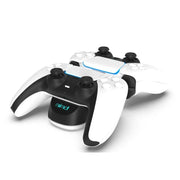 PS5 wireless controller dual charger with two controllers on dock, LED indicator.