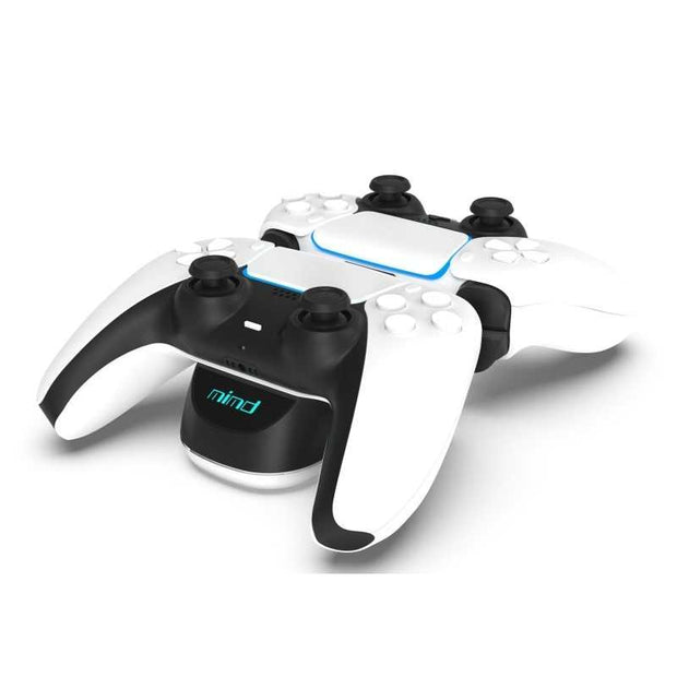 PS5 wireless controller dual charger with two controllers on dock, LED indicator.