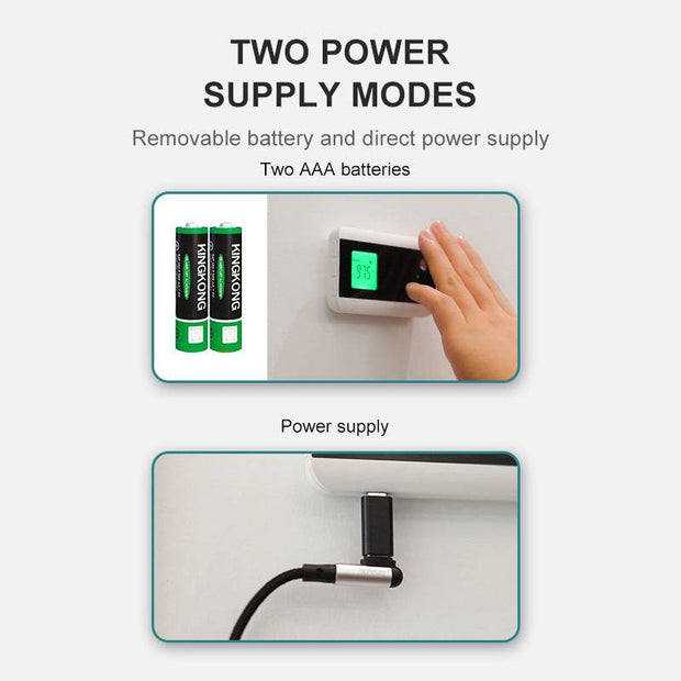 AI intelligent voice broadcast thermometer with dual power supply modes, featuring removable batteries and direct power option.