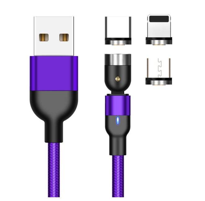 Magnetic charging cable with 360-degree rotation and multiple connectors.