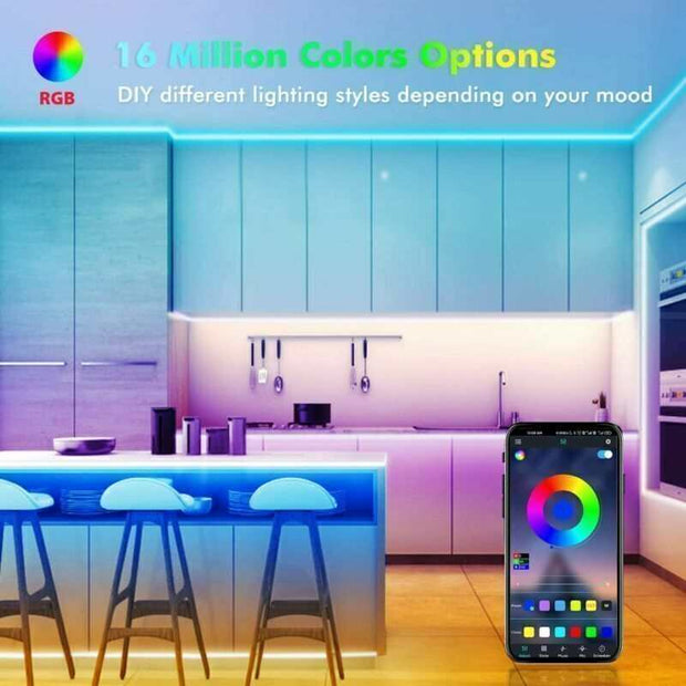 5050 RGB LED Strip lighting a modern kitchen with smartphone Bluetooth control displaying color options.