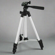 Professional camera tripod stand with adjustable head, silver and black, ideal for mobile devices and cameras.