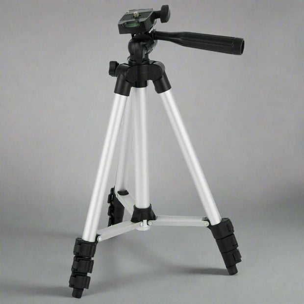 Professional camera tripod stand with adjustable head, silver and black, ideal for mobile devices and cameras.