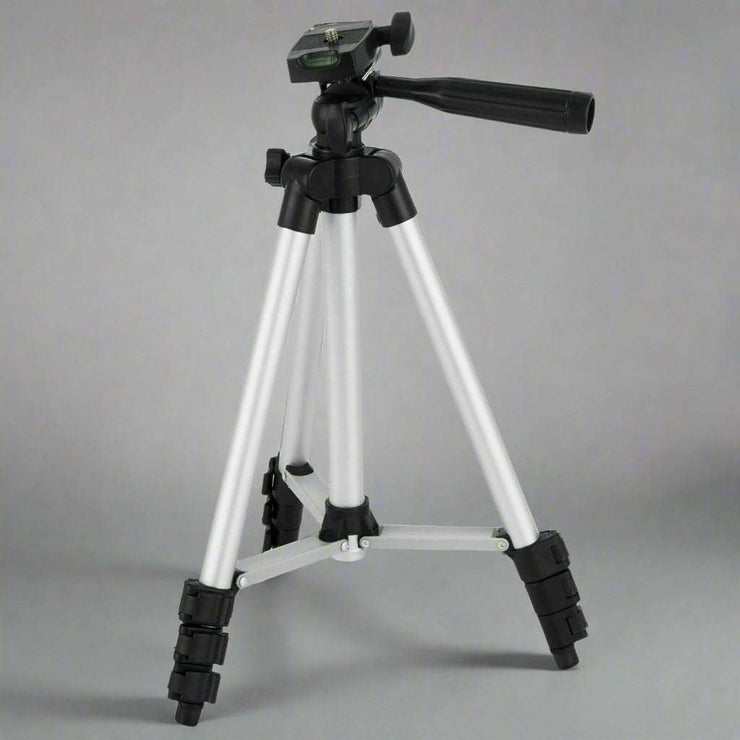 Professional camera tripod stand with adjustable head, silver and black, ideal for mobile devices and cameras.