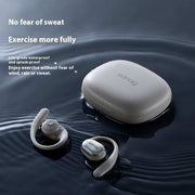 Wireless long endurance sports Bluetooth headset with ear-mounted design, water-resistant feature, and charging case.