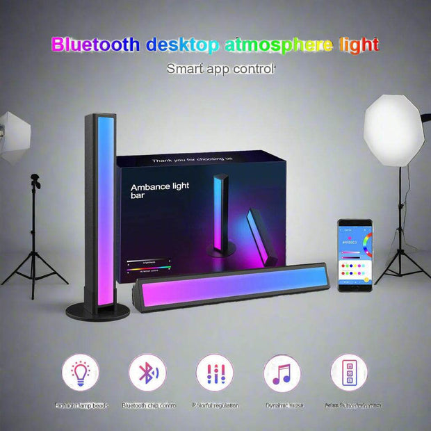 Bluetooth desktop atmosphere light with smart app control, featuring colorful LED strip and dynamic music response.