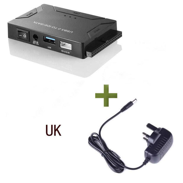 Three-purpose desktop hard disk adapter with USB to IDE converter and power adapter.