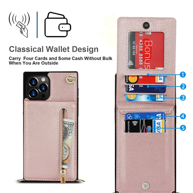 Zipper Phone Case Crossbody, Rose Gold, Wallet Design, Compatible with Samsung Models