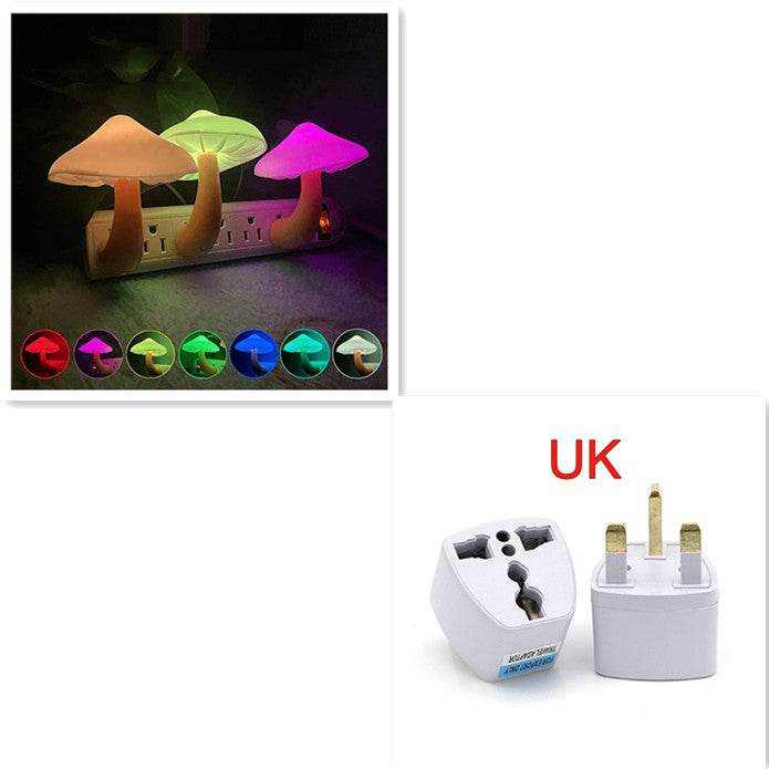 LED night light with mushroom design, warm white light-control sensor, EU US plug, ideal for bedroom decoration.