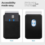 Magnetic card holder for iPhone with easy access and sleek black design.