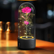 Creative 2 in 1 rose LED light and Bluetooth-compatible speaker with glass cover, romantic night light.