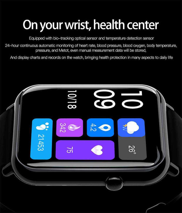 Smart Waterproof Watch with health monitoring features displayed on screen.