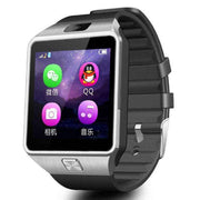 Sports Smart Watch DZ09 with touch screen and black strap displaying app icons.