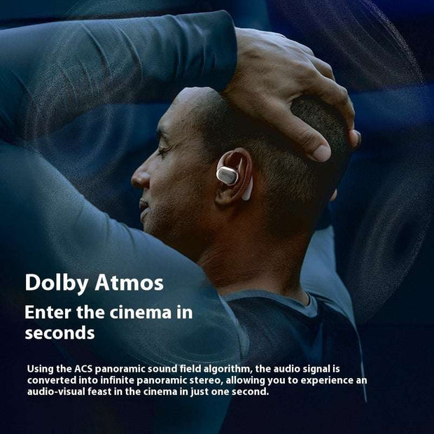 Wireless long endurance ear-mounted sports Bluetooth headset in use, featuring Dolby Atmos sound.