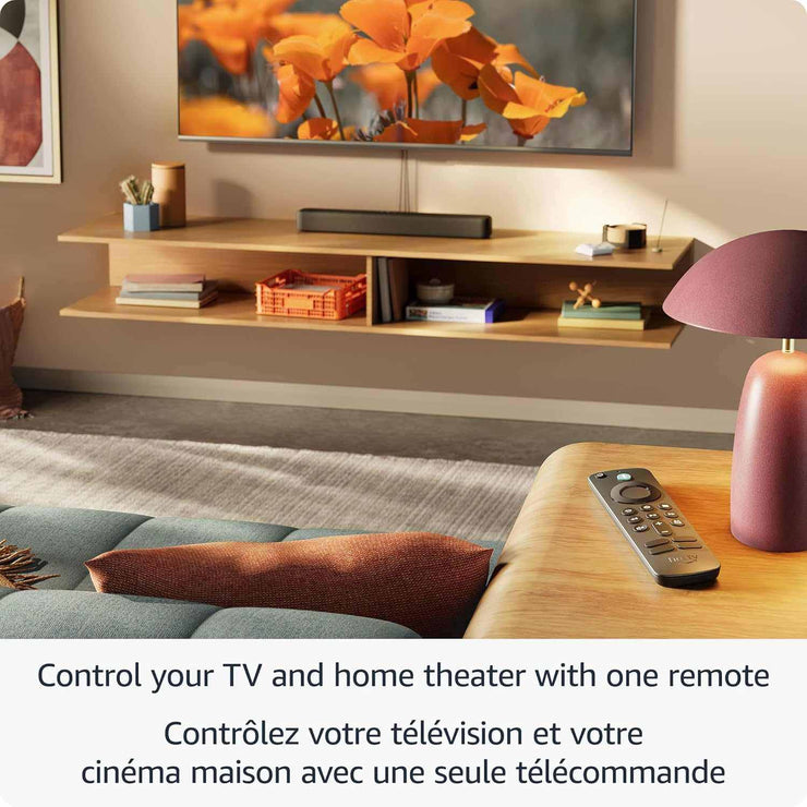 Suitable remote control for Amazon Fire TV Stick 4K on a table in a modern living room setting.