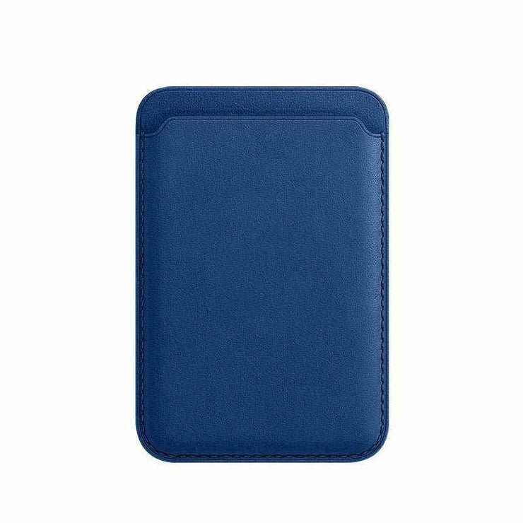 Midnight blue Magsafe magnetic leather card holder wallet case for iPhone 14 Pro Max, compatible with Apple devices.