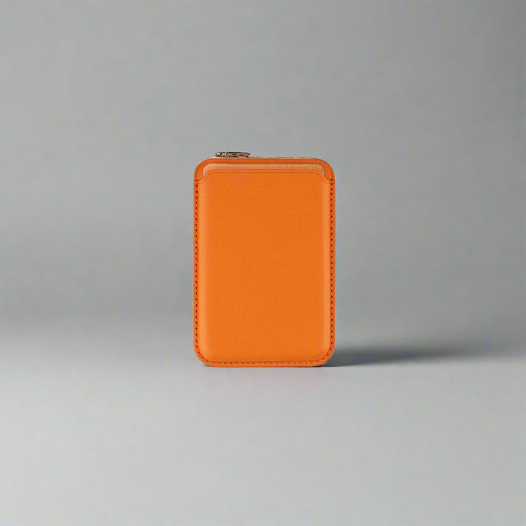 Magsafe magnetic leather card holder wallet in mango yellow color.