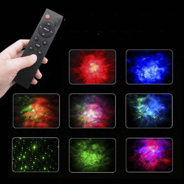 Remote control adjusting Creative Astronaut Galaxy Projector depicting colorful nebula effects.