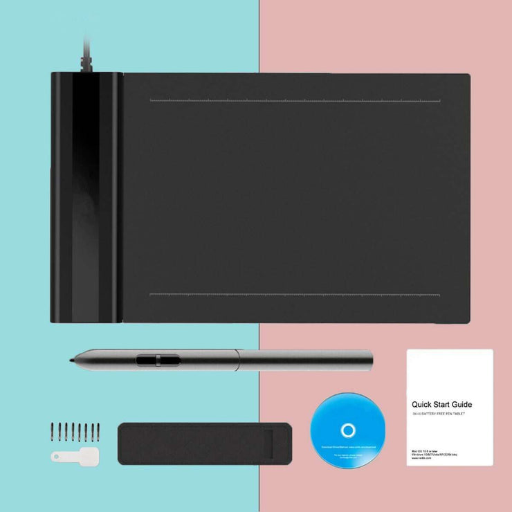 Electronic drawing board with USB connection, passive pen, user guide, and accessories for precision digital art.