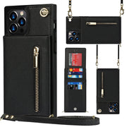 Zipper Phone Case Crossbody in black for Samsung models, featuring PU material and card slots.