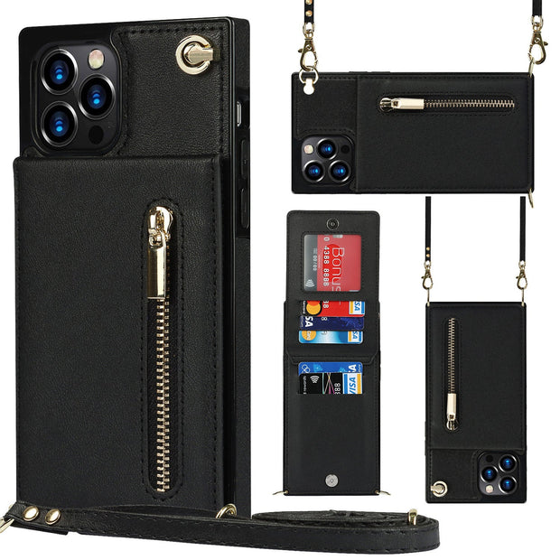 Zipper Phone Case Crossbody in black for Samsung models, featuring PU material and card slots.