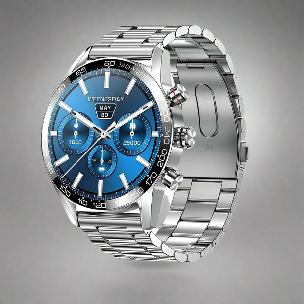 Bluetooth Smart Phone Watch with stainless steel strap, 1.3-inch LED touchscreen, IP67 waterproof, and Bluetooth call functionality.