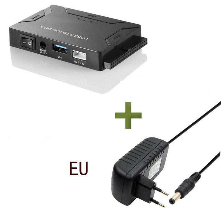 Three-purpose 25 35-inch desktop hard disk adapter with USB to IDE multifunctional converter and EU-compatible power adapter.