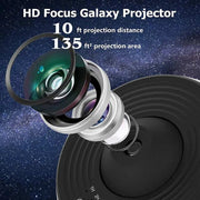 HD focus galaxy projector showing lens detail over a starry background, highlighting 10 ft projection distance and 135 sq ft projection area.