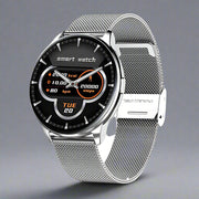 Y90 Smart Watch with GPS and Blood Pressure Monitoring, silver steel design, sleek touchscreen display.