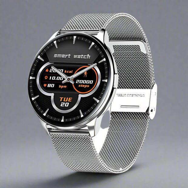 Y90 Smart Watch with GPS and Blood Pressure Monitoring, silver steel design, sleek touchscreen display.