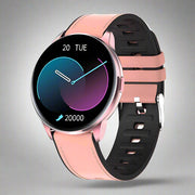 Y90 Smart Watch with GPS and blood pressure monitoring, featuring a stylish pink and black leather strap and round display.