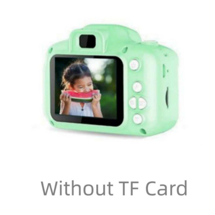 Children's HD digital waterproof camera in green with a 2.3-inch screen showing a child holding a watermelon, no TF card included.