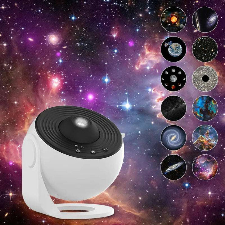 Galaxy Night Light Projector showcasing 12 starry sky scenarios for kids and home decor.