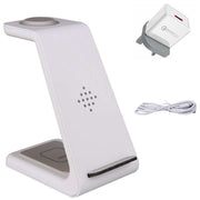 3 in 1 fast charging station, wireless charger stand, white, compatible with multiple devices, convenient phone holder.