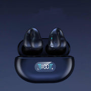 Bone conduction headphones in black charging case, Bluetooth 5.3, ergonomic ear clip design.