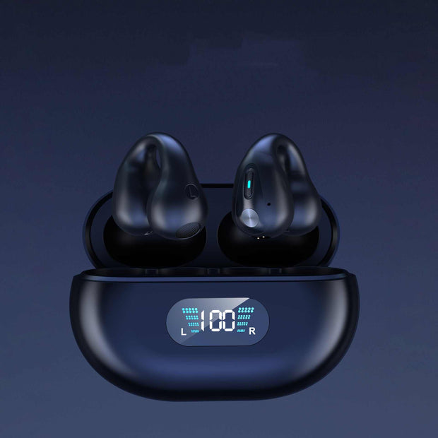 Bone conduction headphones in black charging case, Bluetooth 5.3, ergonomic ear clip design.