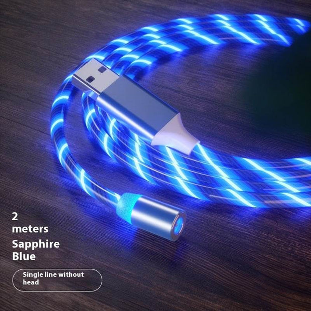 Magnetic LED fast charging cable in sapphire blue, 2 meters, Type-C, Micro USB, and Lightning compatible.