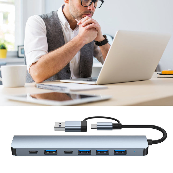 7 in 1 Type C Hub with 5W charging, aluminum alloy USB docking station for keyboards and PC.