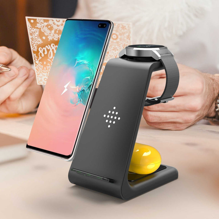 3 in 1 wireless charging station for phone, watch, and earbuds.