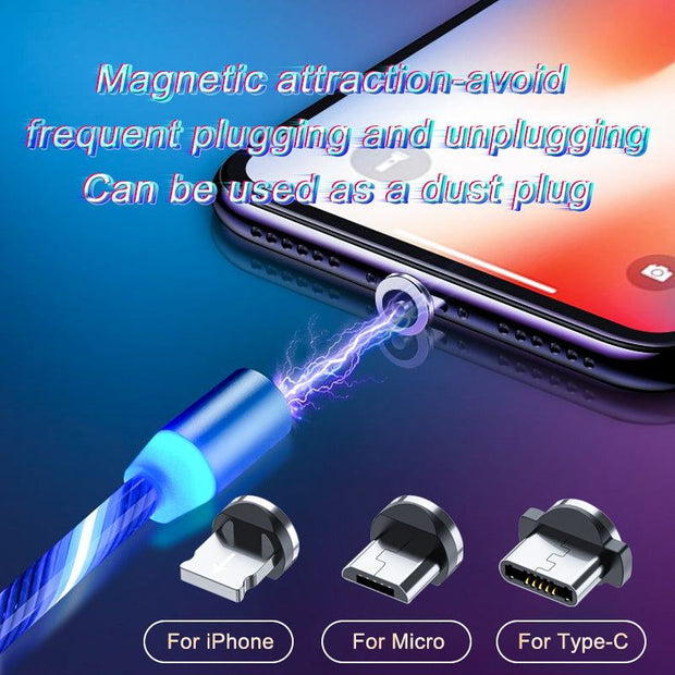 Magnetic LED fast charging cable with Type-C, Micro USB, and Lightning connectors; durable nylon braided design for one-handed charging.