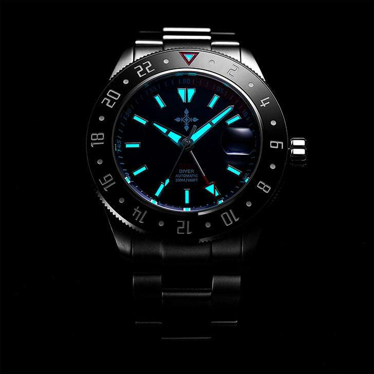 GMT luminous waterproof men's stainless steel watch with sapphire glass and mechanical movement