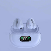 Bone conduction headphones with Bluetooth 5.3 in a charging case, showcasing white earbuds and an LED display.