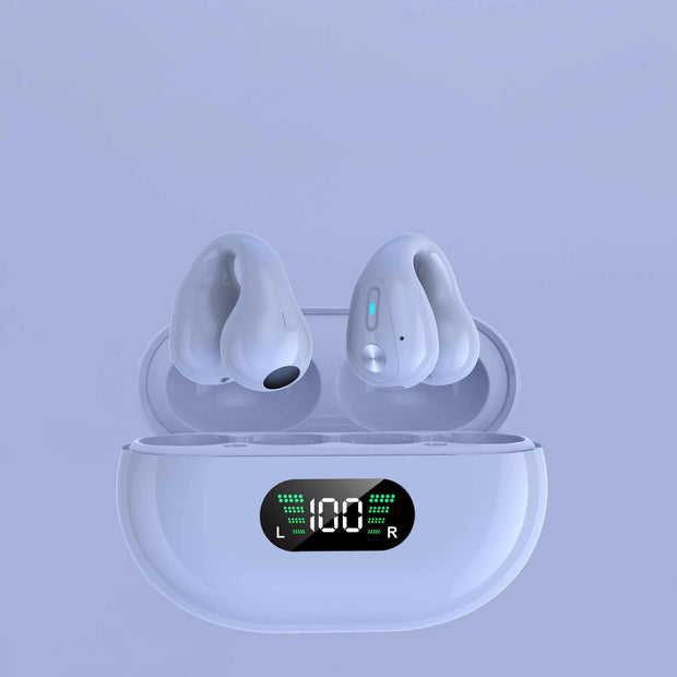 Bone conduction headphones with Bluetooth 5.3 in a charging case, showcasing white earbuds and an LED display.